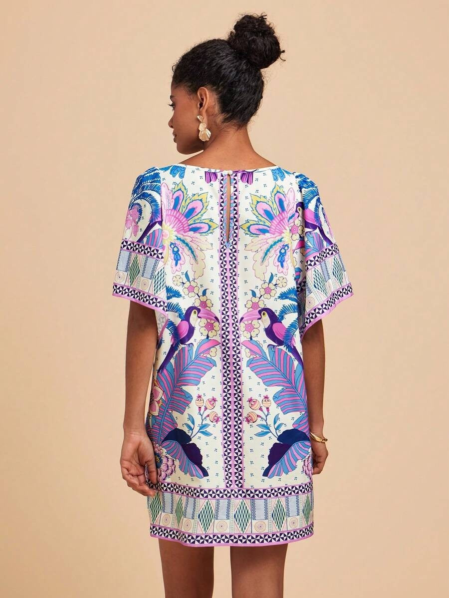 Syrena - Damen Bedrucktes Kleid mit Rundhalsausschnitt Mini