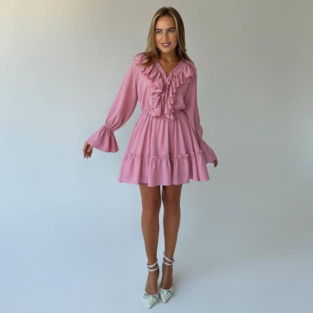 Lyria – Damen Sommerkleid mit V-Ausschnitt Puffärmeln