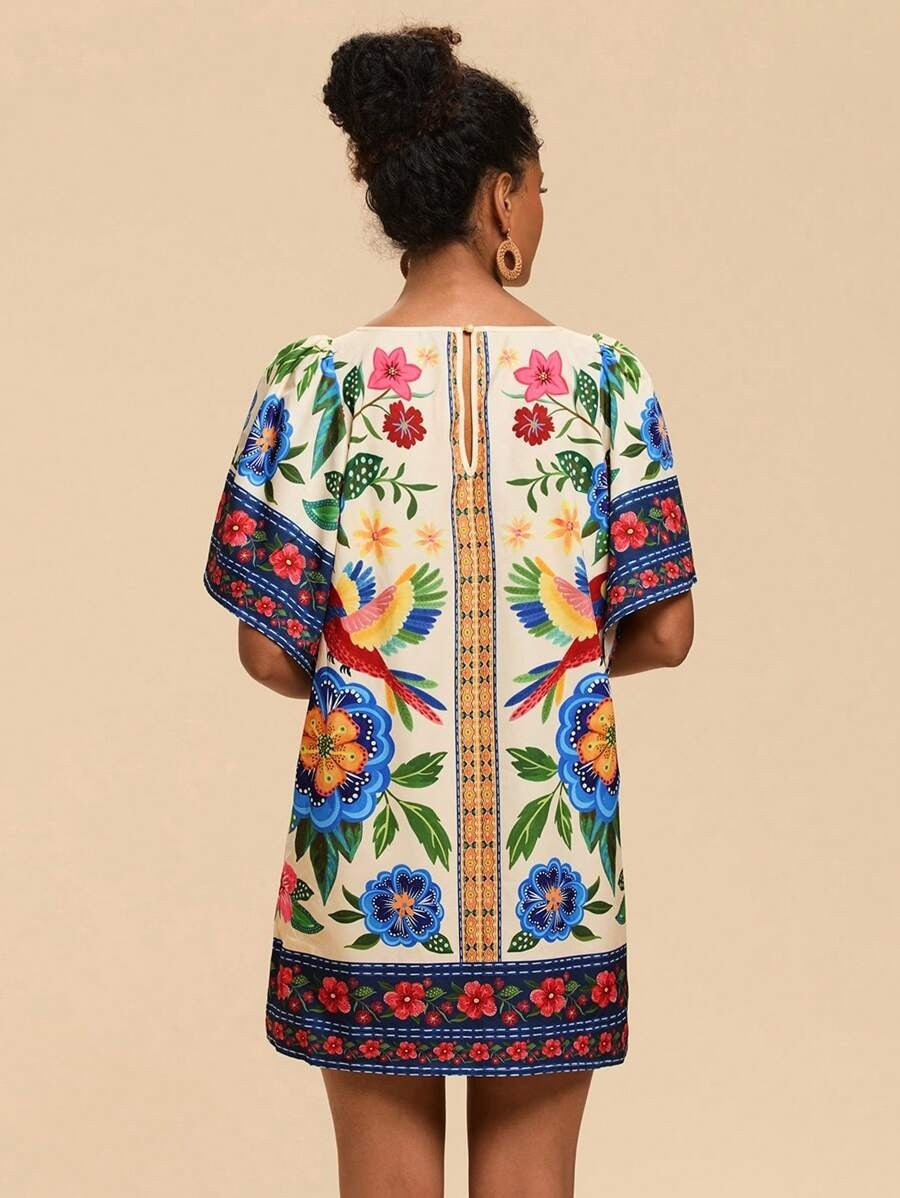 Syrena - Damen Bedrucktes Kleid mit Rundhalsausschnitt Mini
