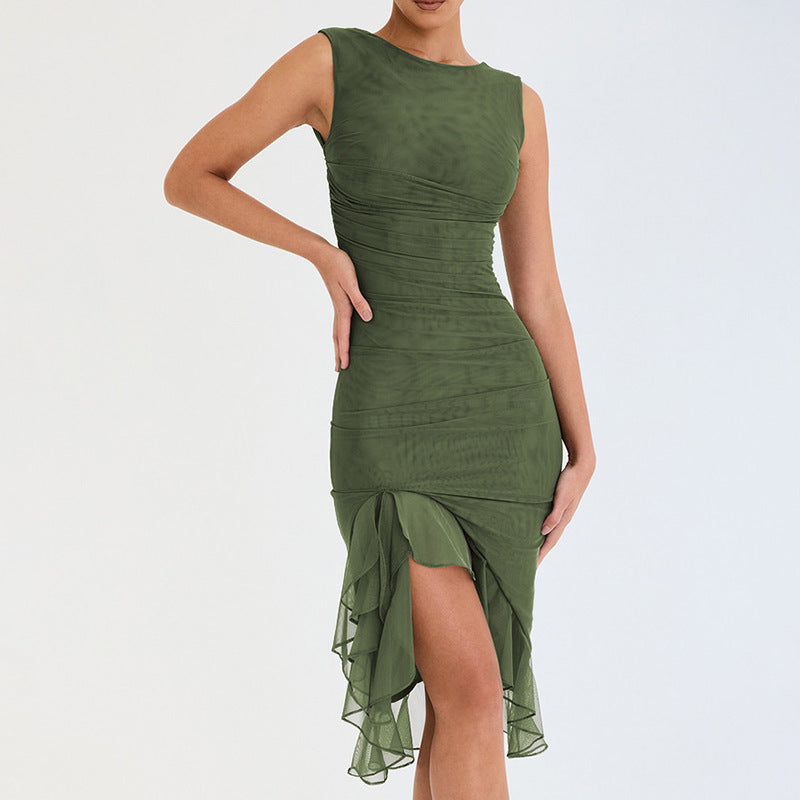 Nelia | Knielanges Kleid mit gerüschtem Schlitz