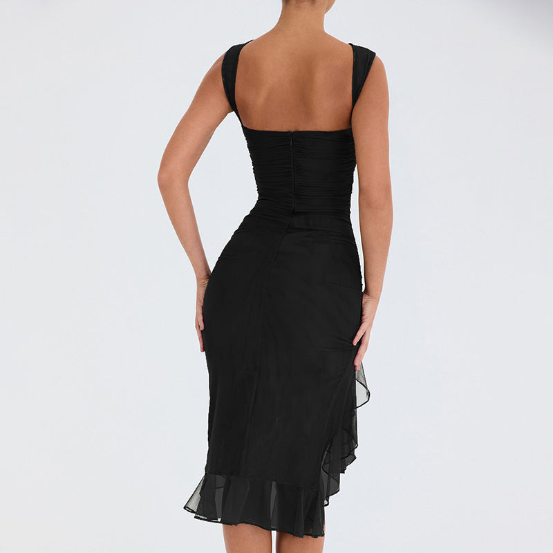 Nelia | Knielanges Kleid mit gerüschtem Schlitz