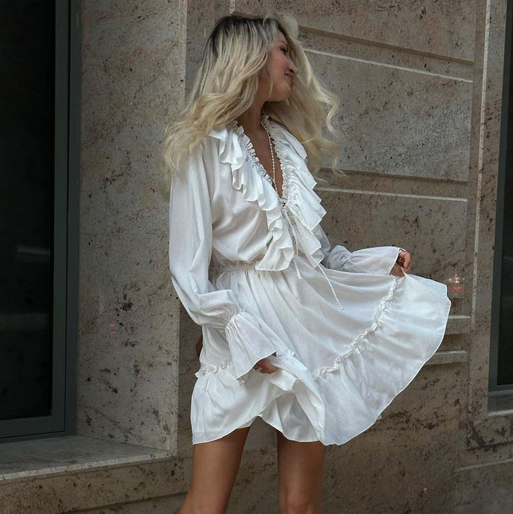 Lyria – Damen Sommerkleid mit V-Ausschnitt Puffärmeln