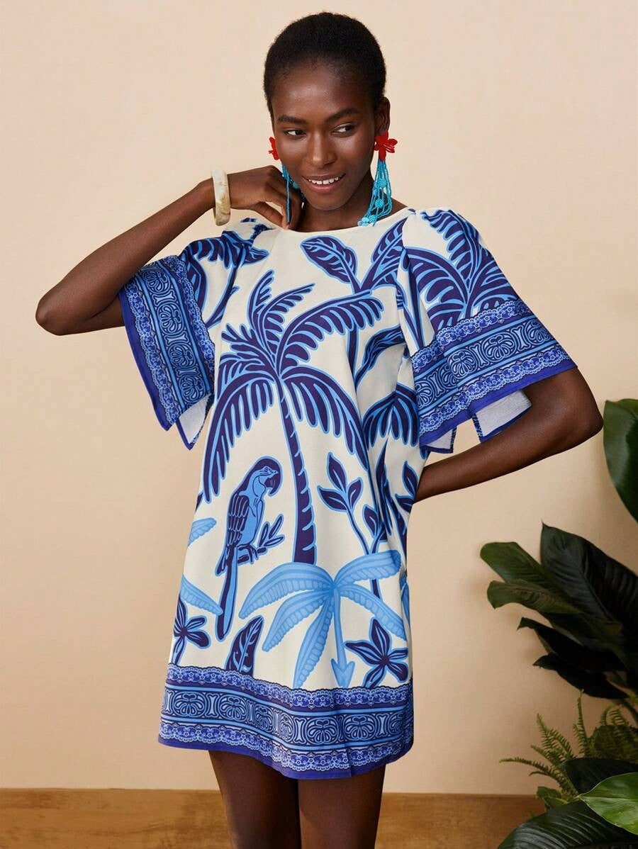 Syrena - Damen Bedrucktes Kleid mit Rundhalsausschnitt Mini