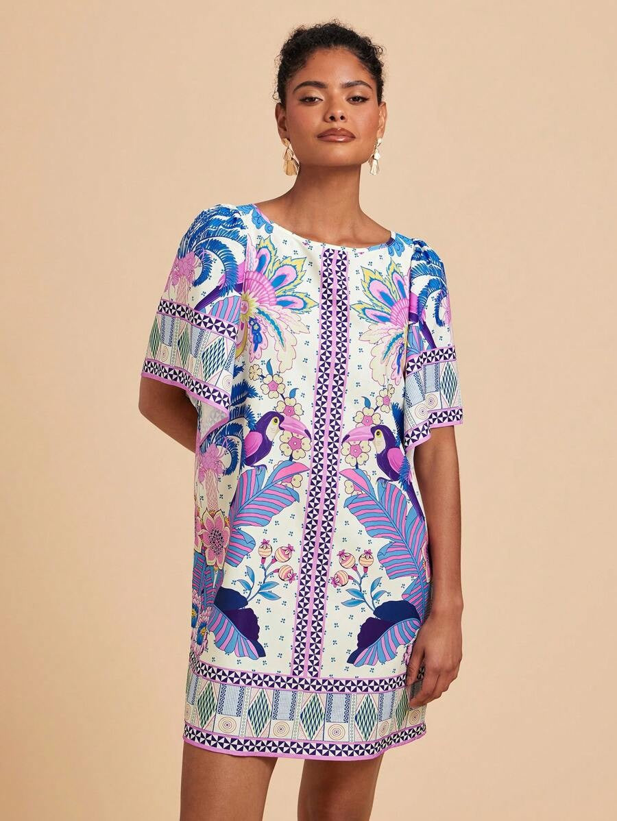 Syrena - Damen Bedrucktes Kleid mit Rundhalsausschnitt Mini
