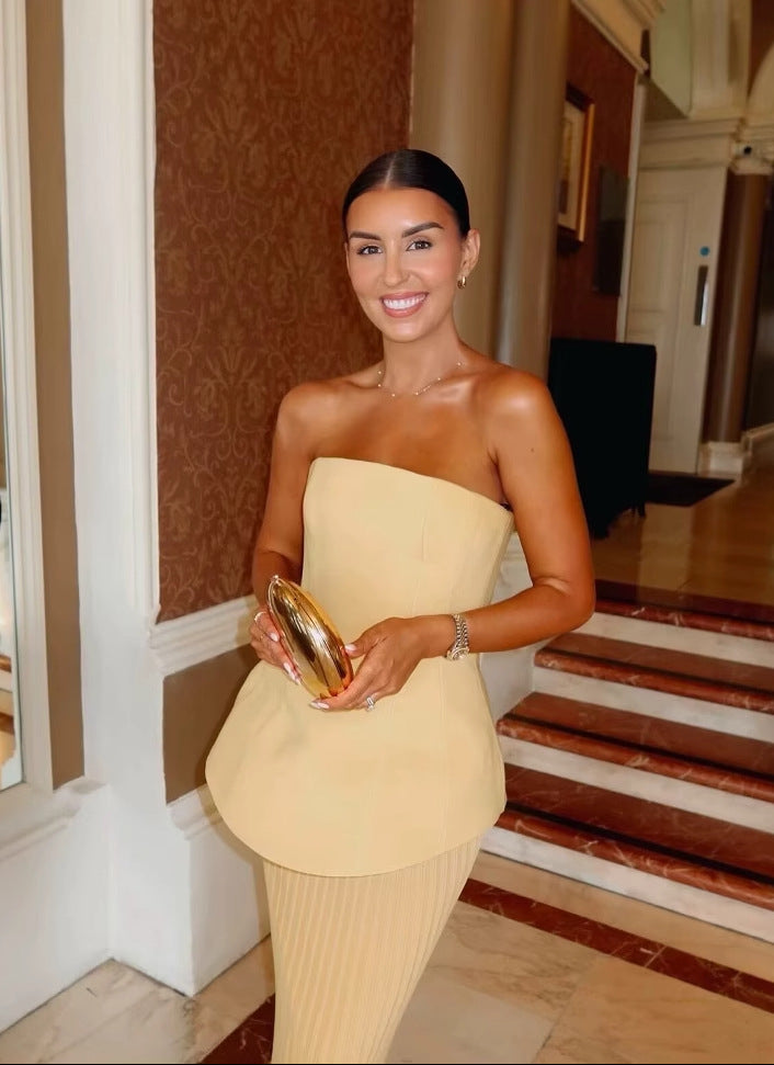 Zyanna - Damen Trägerloses Plissiertes Schößchenkleid