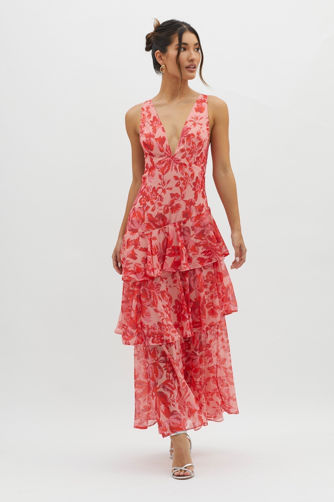 Sarah | Langes Kleid mit V-Ausschnitt und Volants Blume