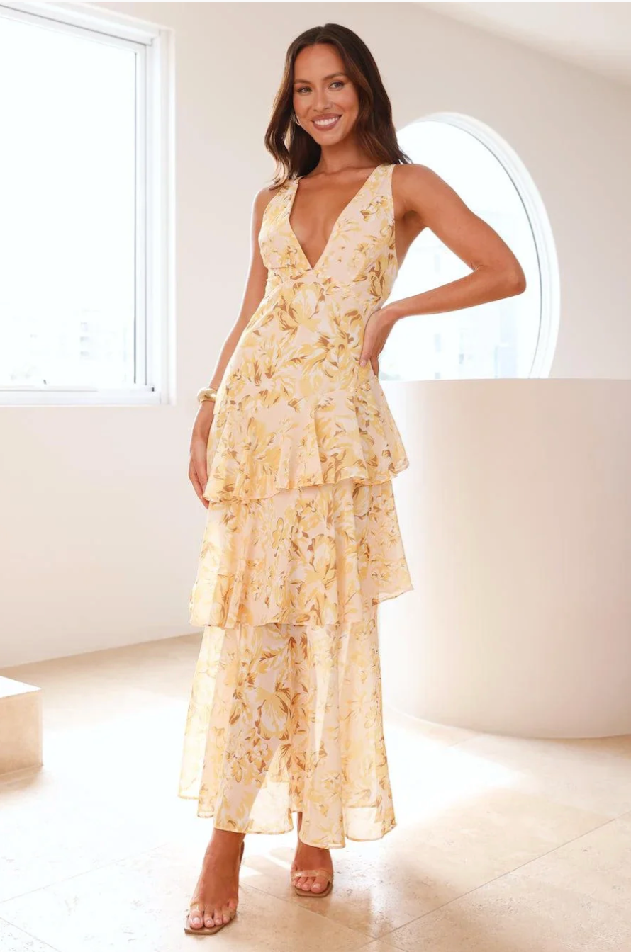 Sarah | Langes Kleid mit V-Ausschnitt und Volants Blume
