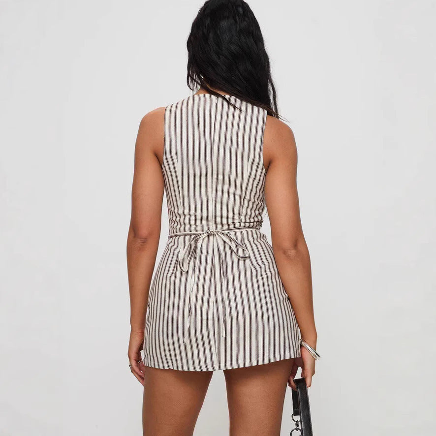 Saela - Damen Gestreiftes Ärmelloses Kleid Mini