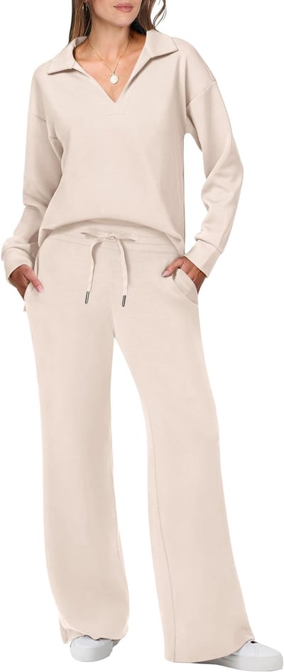 Damen Lässiges Pullover und Hosen Set V-Ausschnitt
