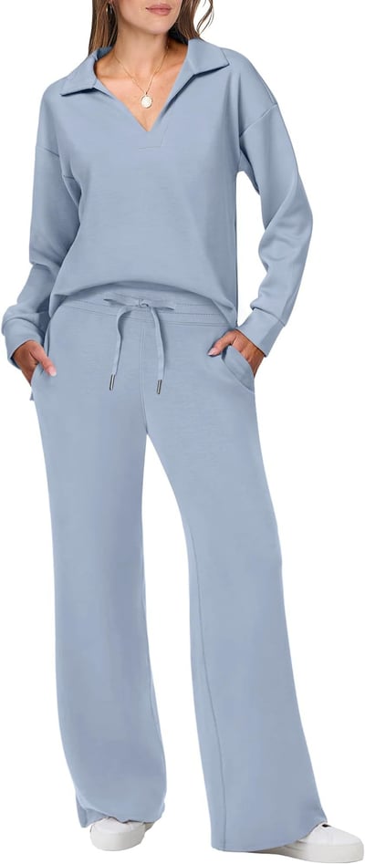 Damen Lässiges Pullover und Hosen Set V-Ausschnitt