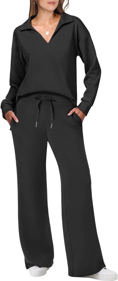 Damen Lässiges Pullover und Hosen Set V-Ausschnitt