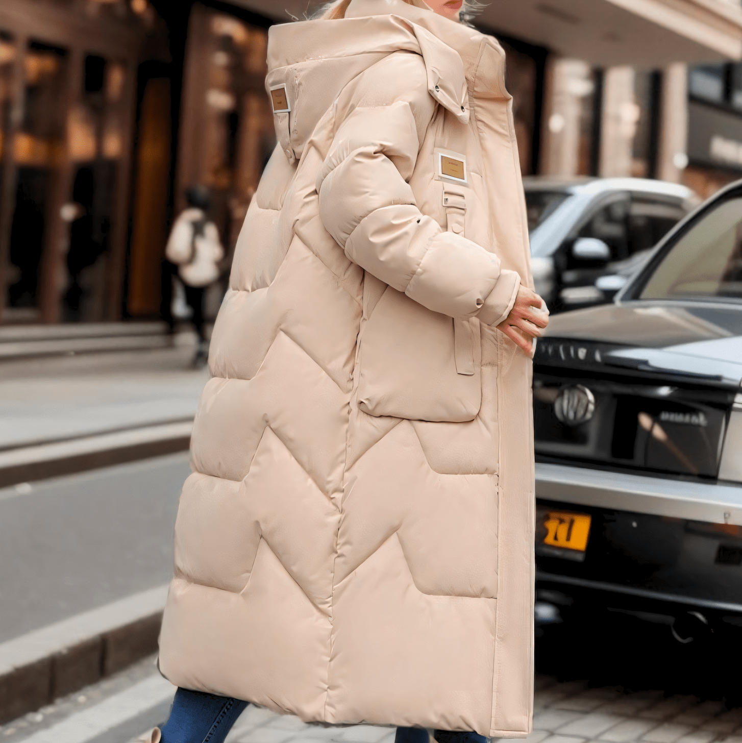 Damen Lange Kapuzen-Pufferjacke Winter