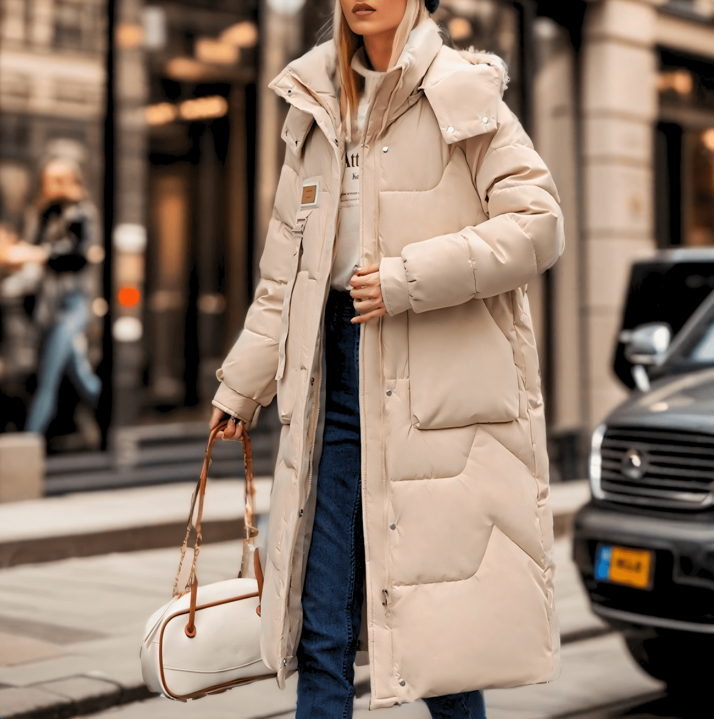 Damen Lange Kapuzen-Pufferjacke Winter