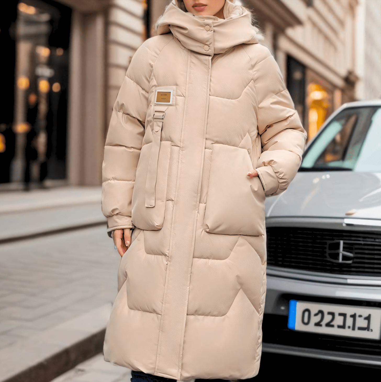 Damen Lange Kapuzen-Pufferjacke Winter