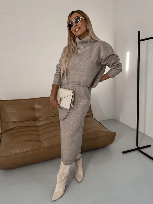 Damen Rollkragenpullover und Kleid Set Winter