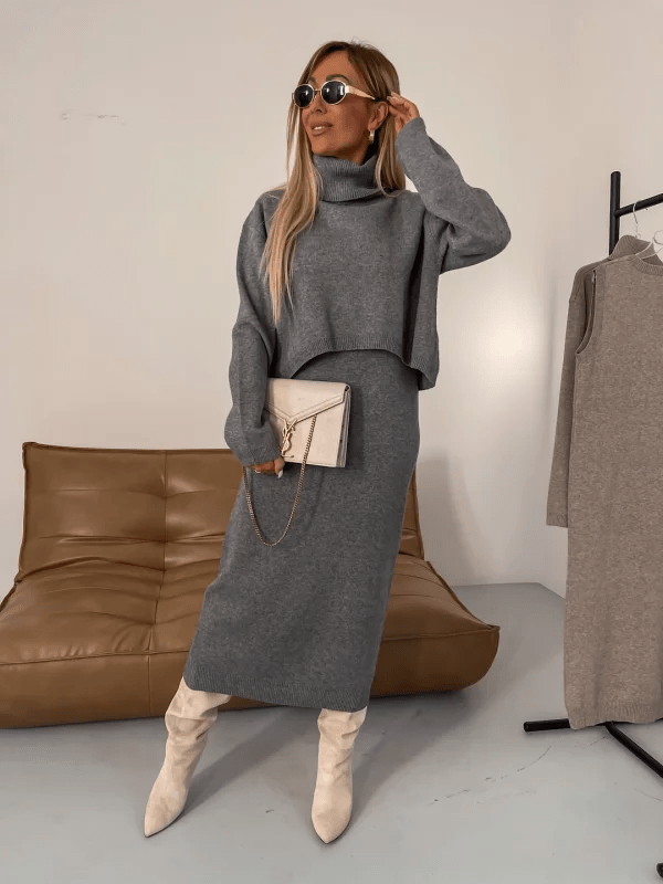 Damen Rollkragenpullover und Kleid Set Winter