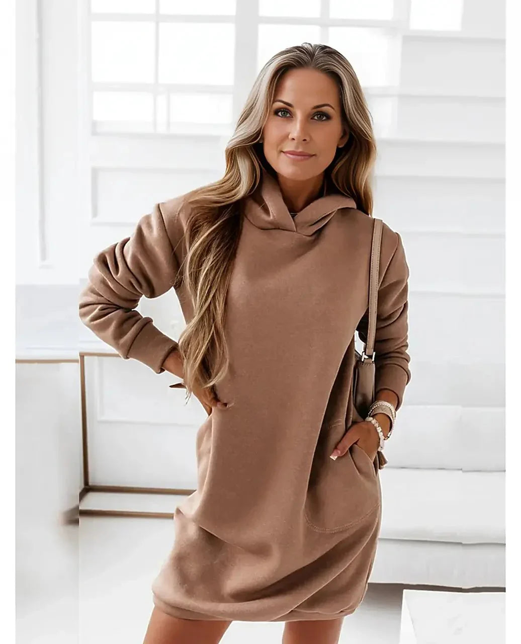 Damen Langarm Kapuzenkleid Mini