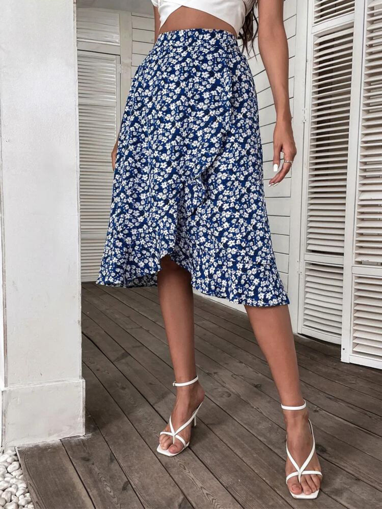 Elinor - Floral Print Ruffle Trim Midi Röcke