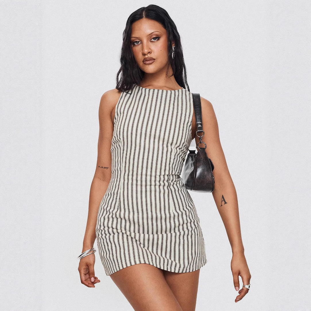Saela - Damen Gestreiftes Ärmelloses Kleid Mini