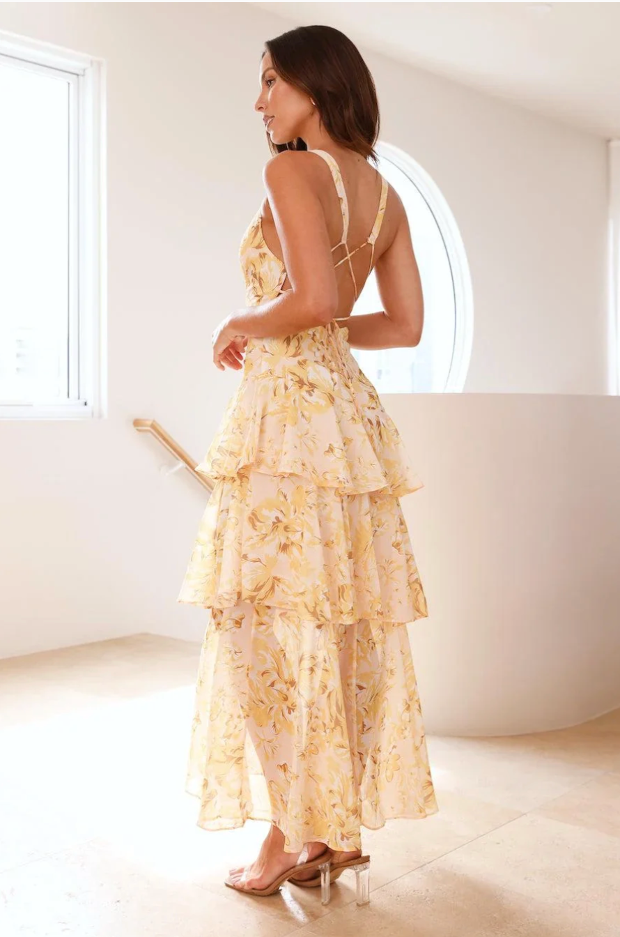 Sarah | Langes Kleid mit V-Ausschnitt und Volants Blume