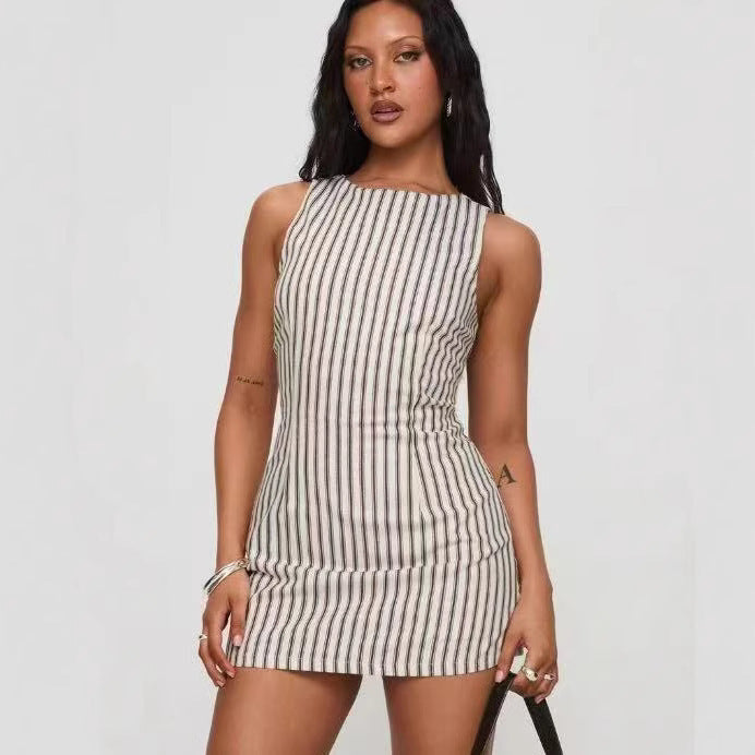 Saela - Damen Gestreiftes Ärmelloses Kleid Mini