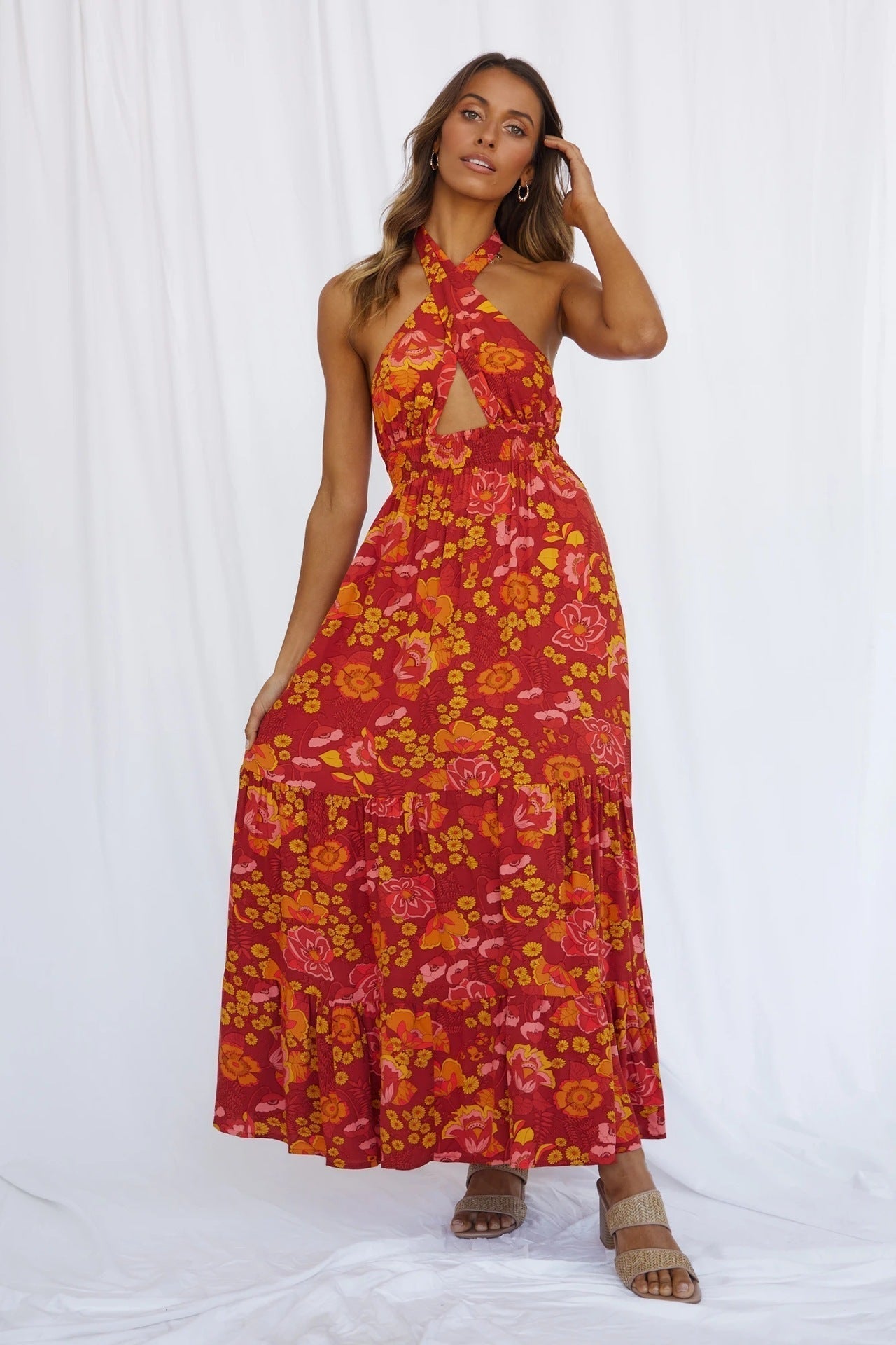 Calaya - Damen Langes Kleid Geschlitzt Rückenfrei Maxi