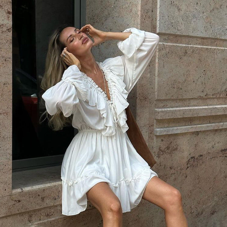 Lyria – Damen Sommerkleid mit V-Ausschnitt Puffärmeln