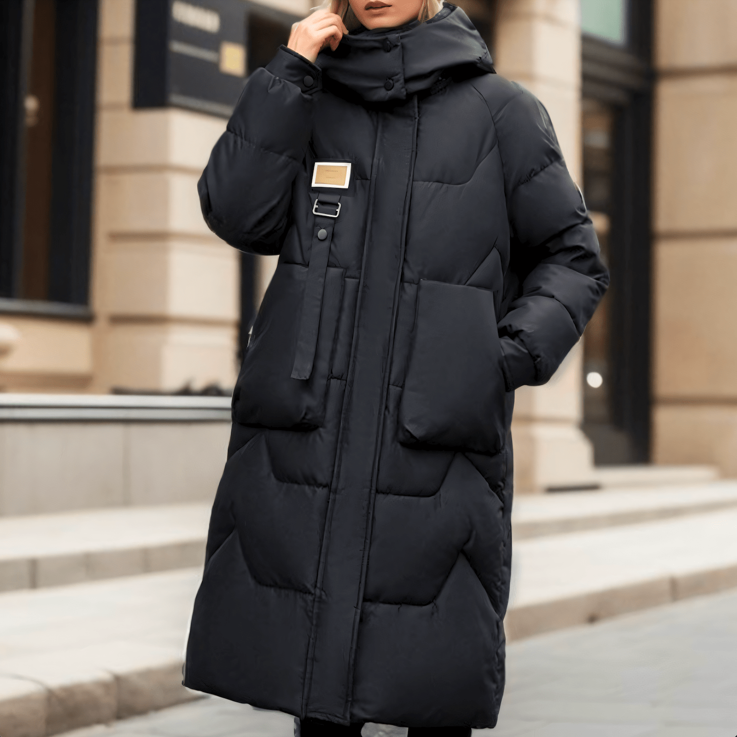 Damen Lange Kapuzen-Pufferjacke Winter