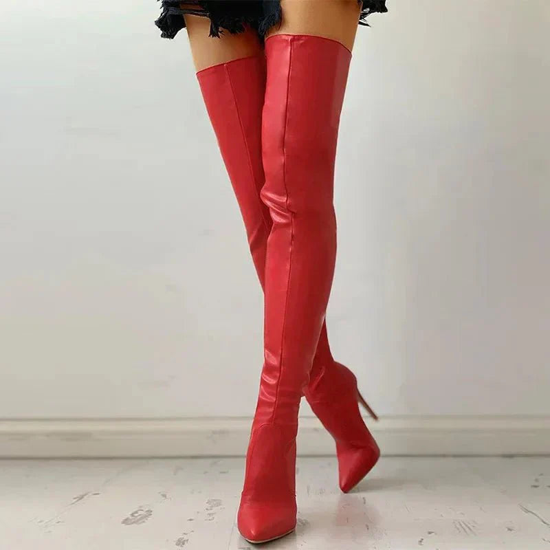 Damen Oberschenkelhohe Stiletto-Stiefel