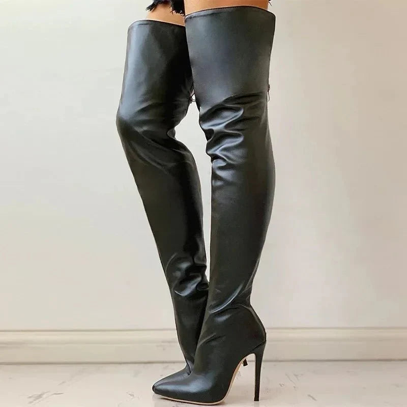 Damen Oberschenkelhohe Stiletto-Stiefel