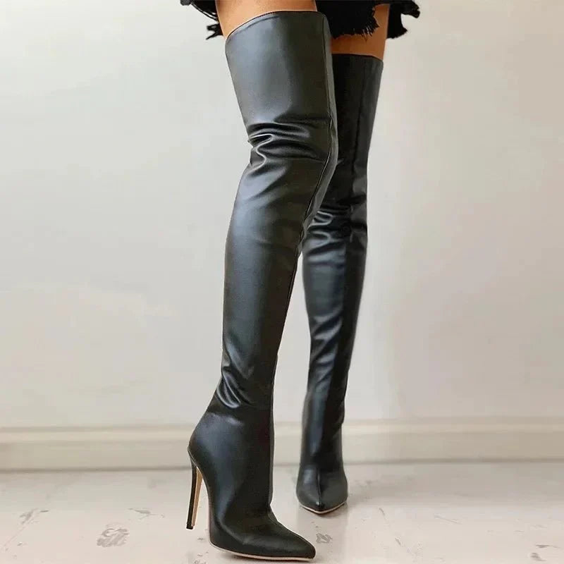 Damen Oberschenkelhohe Stiletto-Stiefel
